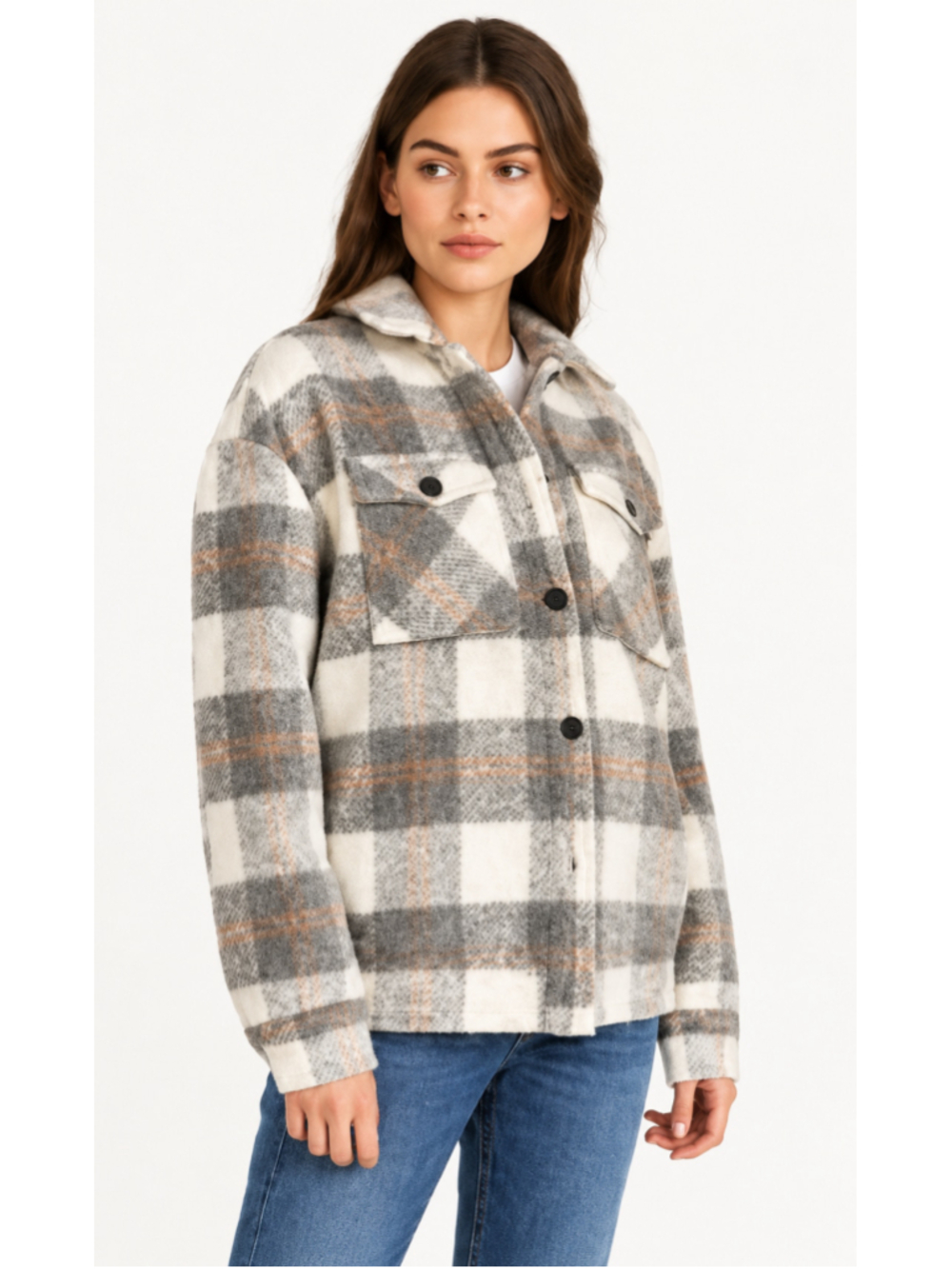 Saylor Plaid Shirt Jacket Shacket Gray Cream Rust Oversized Size L